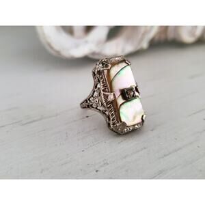 Vintage Art Deco Mother of Pearl Sterling Silver Pinky Ring